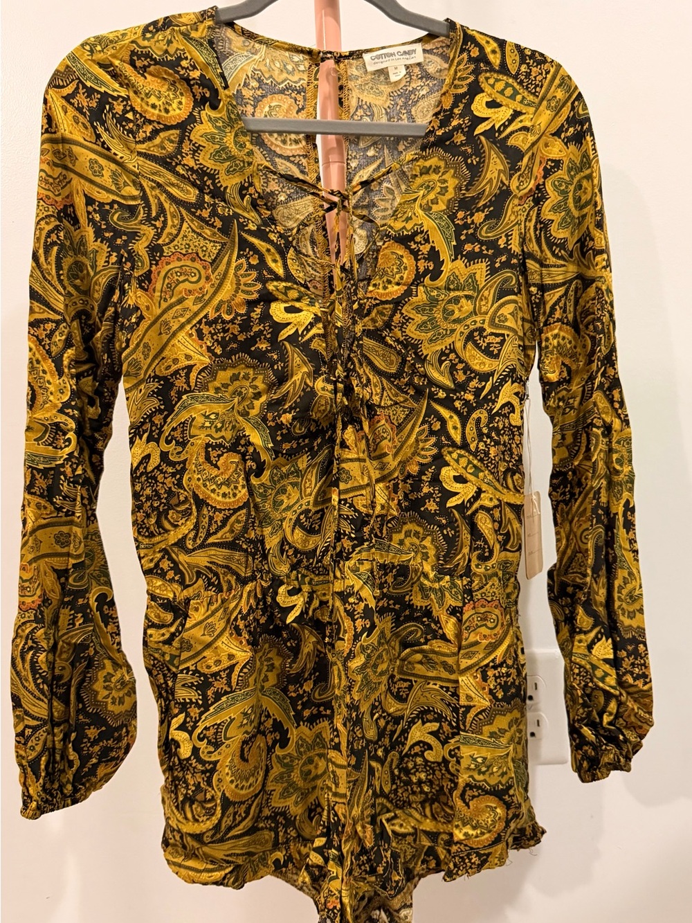 Cotton Candy Mustard & Black Paisley Lace-Up Tunic
